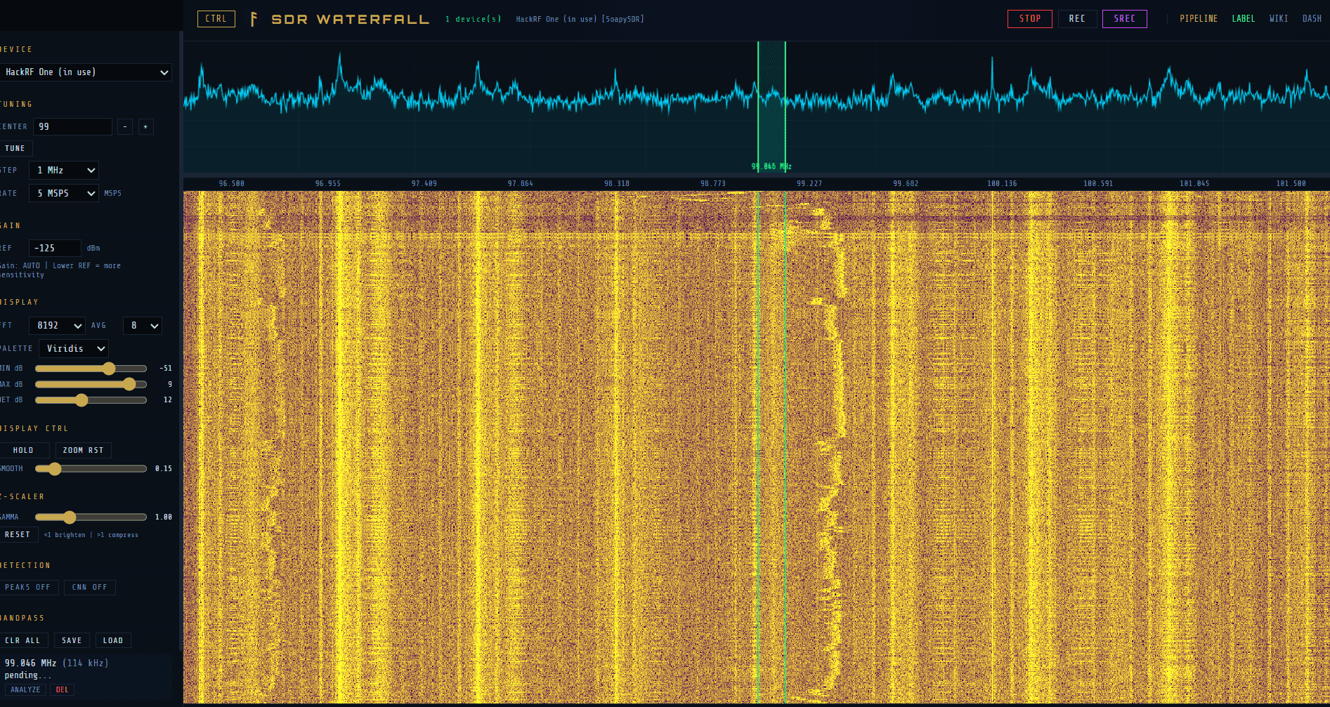 ASGARD-AI SDR waterfall and spectrum view